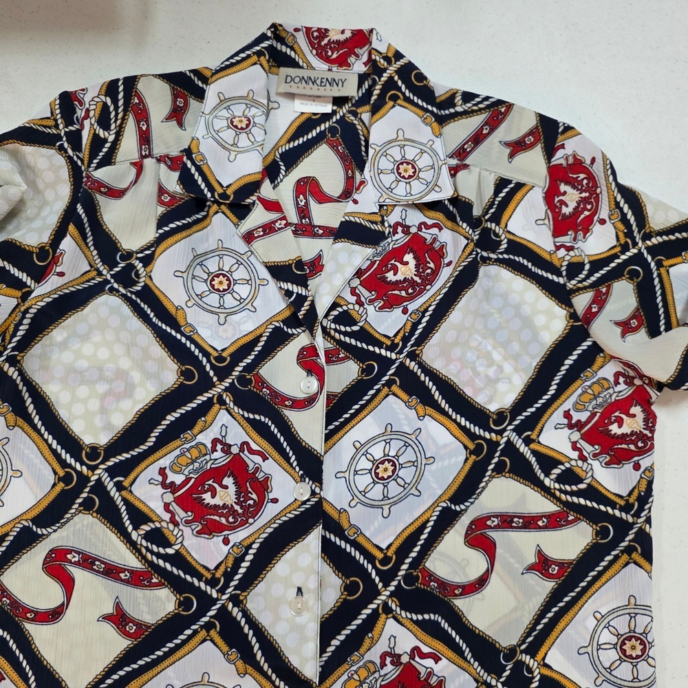 Donnkenny Classics Nautical Chain Print Button Up Blouse Navy Red Gold Small